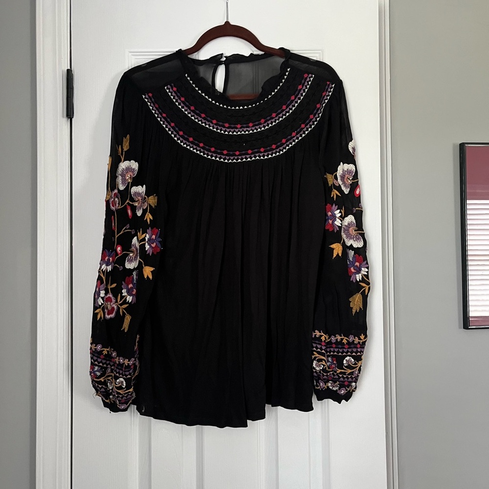 Anthropologie Black Embroidered Long Sleeve Blouse
